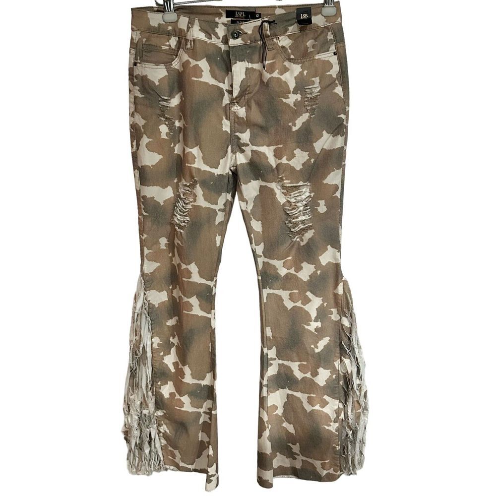 L&B Lucky & Blessed  Brown & White Distressed Flare Jeans with Fringe Cow PRINT - Picture 2 of 9